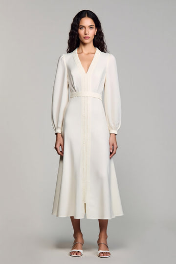 Ivory Satin A Line V-Neck Midi Formal Dress with Long Sleeves
